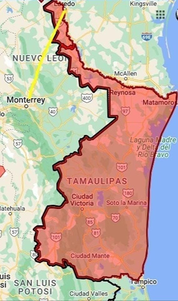 US residents are warned against travel to the area outlined in red on this map (covering the entire state of Tamaulipas, Mexico). US residents are warned against travel to the area outlined in red on this map (covering the entire state of Tamaulipas, Mexico).