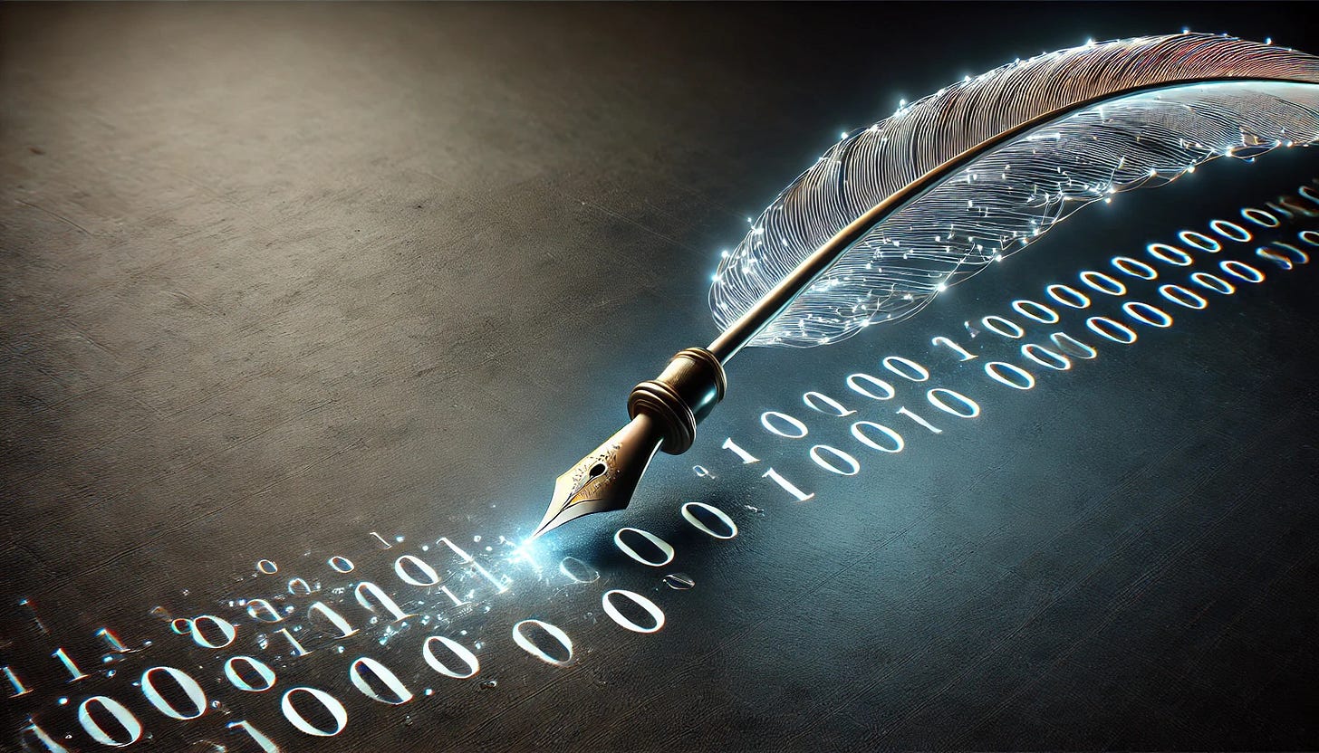 A quill pen writes out binary code. A quill pen writes out binary code.