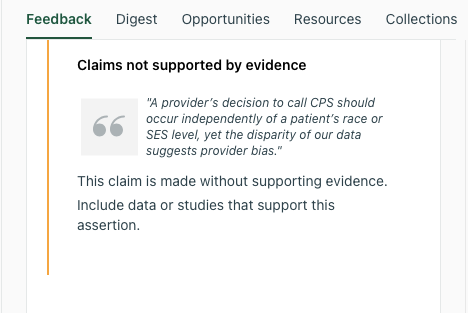 Unsupported Claim Regarding Provider Bias thesify feedback highlighting a quote about provider bias and socioeconomic status, labeled as a claim made without supporting eviden