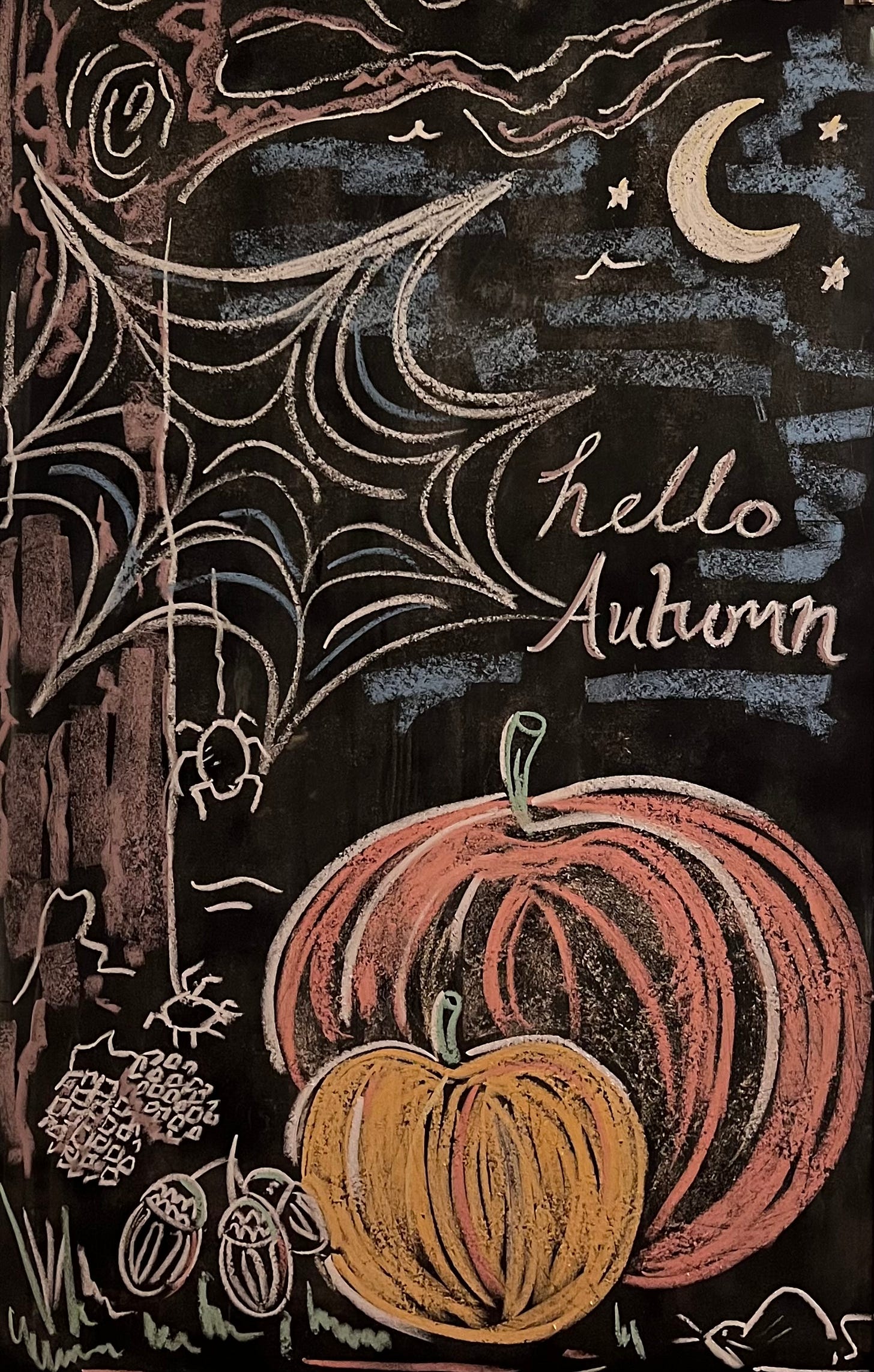 An autumnal scene with the nights sky, tree, cobweb and two spiders, pine cones, acorns, two pumpkins and a mouse in the bottom right hand corner.