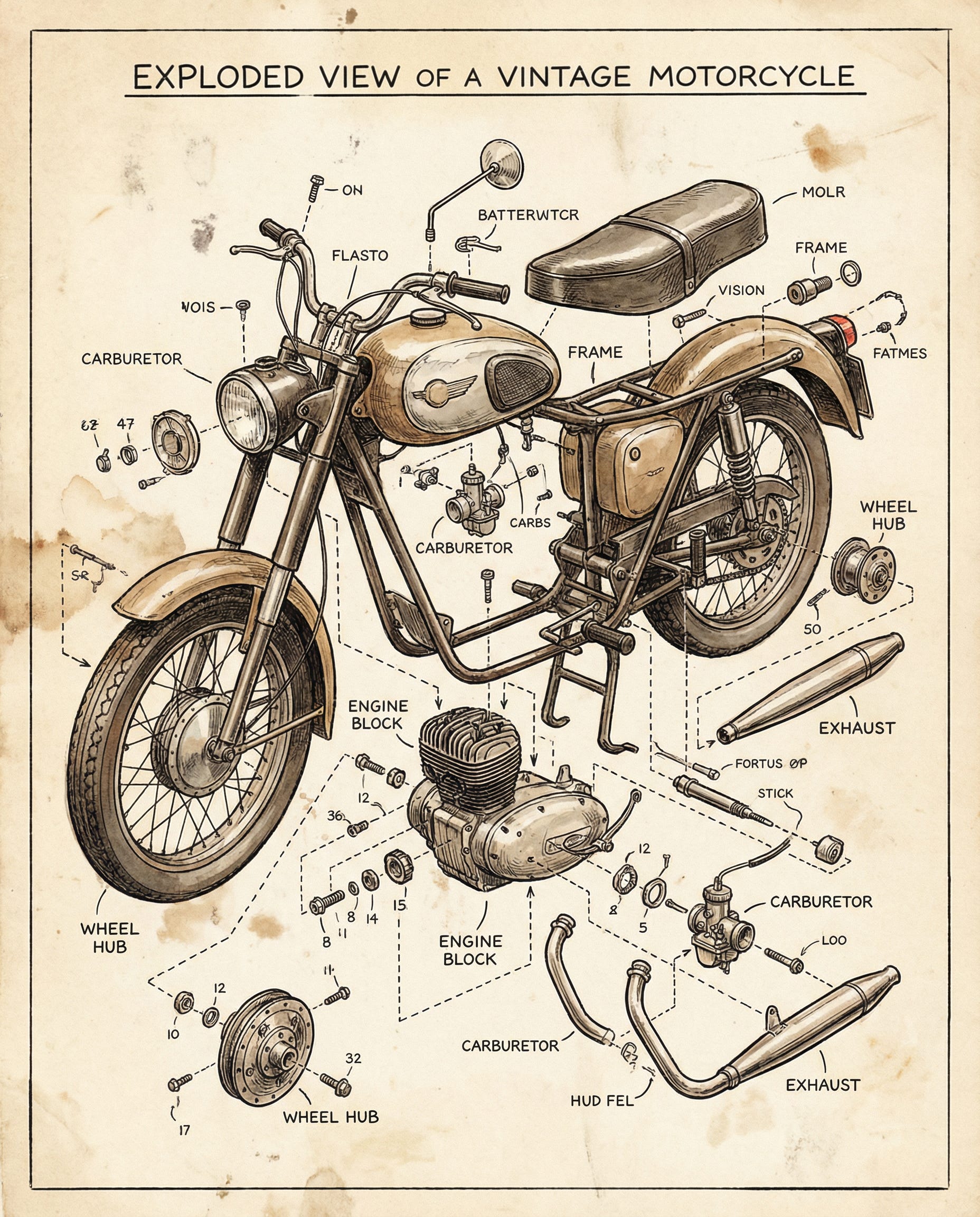 Motocycle Exploded View Create teaching diagram with this prompt