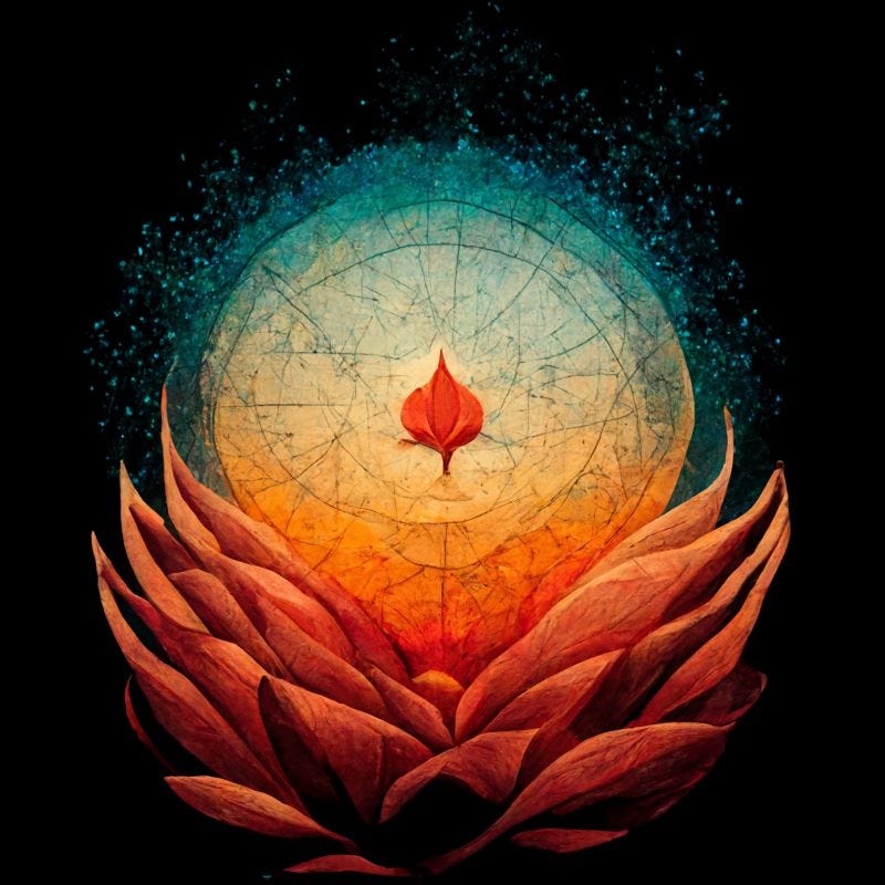 Applied planetary ethics — a glowing planet held in red lotus petals, a flame at its core.