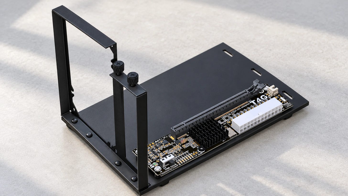 ADT-Link UT4G-BK7 USB4 eGPU adapter on a desk, showing its metal base, vertical GPU bracket, and PCIe slot. ADT-Link UT4G-BK7 USB4 eGPU adapter on a desk, showing its metal base, vertical GPU bracket, and PCIe slot.