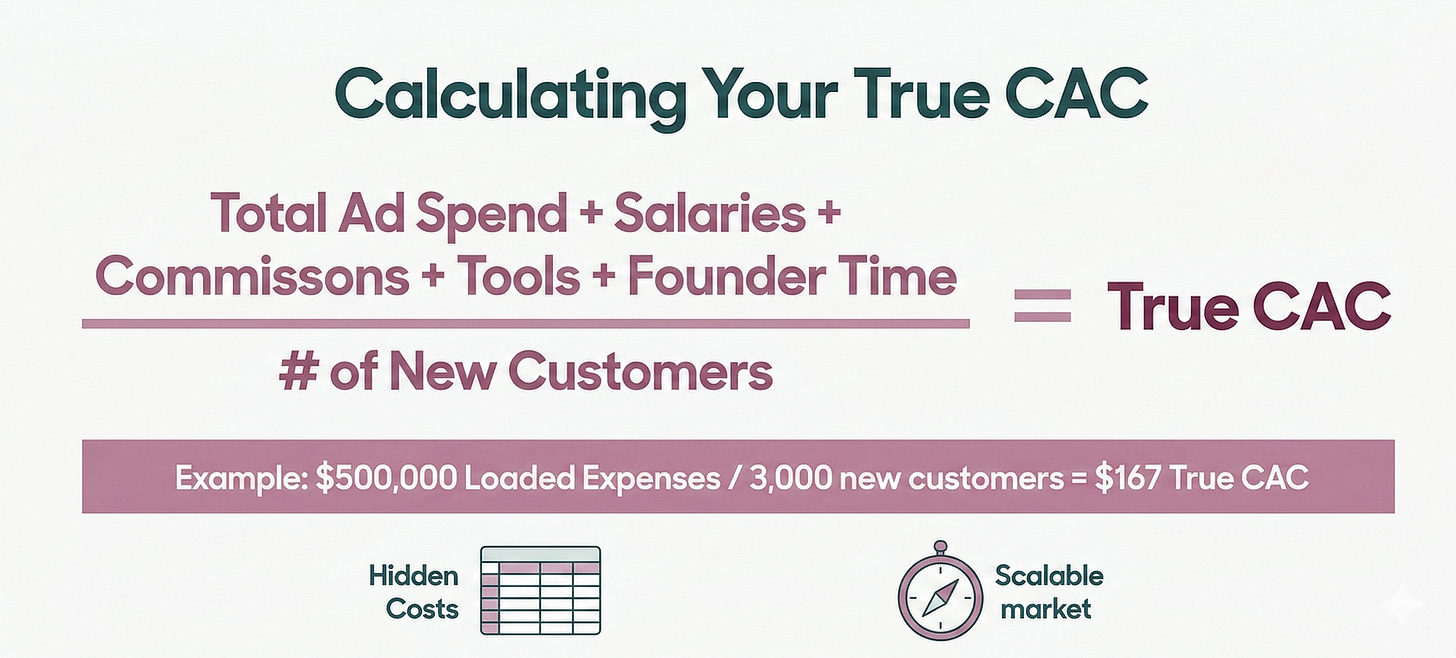 An infographic showing the "True CAC" formula which adds up ad spend, salaries, commissions, tools, and founder time then divides by new customers.