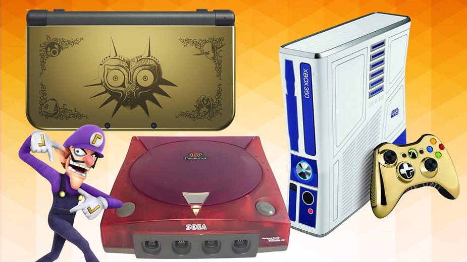 Gold 3DS with Majora's Mask design, red Sega Dreamcast, Xbox 360 with Star Wars theme and gold controller, and animated character. Orange background.