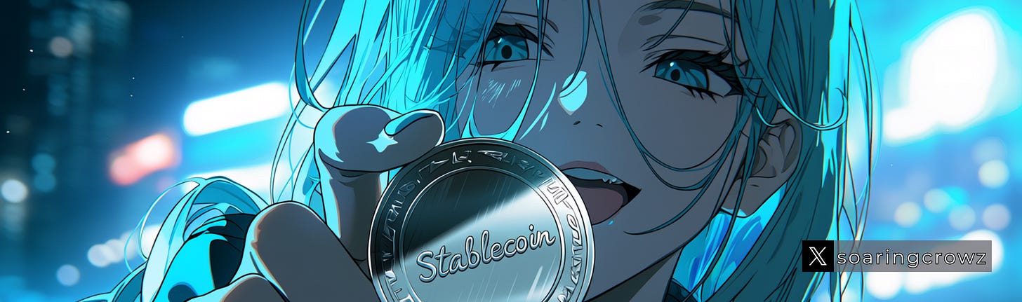一位水藍色長髮的美女，手裡拿著一枚穩定幣，硬幣上面有「Stablecoin」的文字。