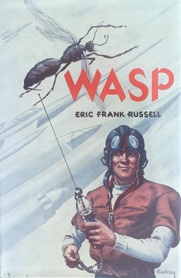 cover of "Ubik" - yellow alien woman overtop neon purple, cover of "Wasp" - guy dressed in flying gear with big bug goggles on catching a giant bug flying above him