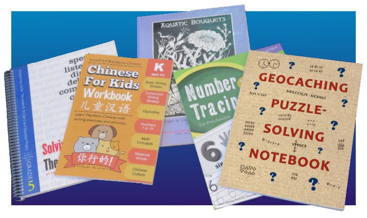 Design a workbook, five sample front covers shown.