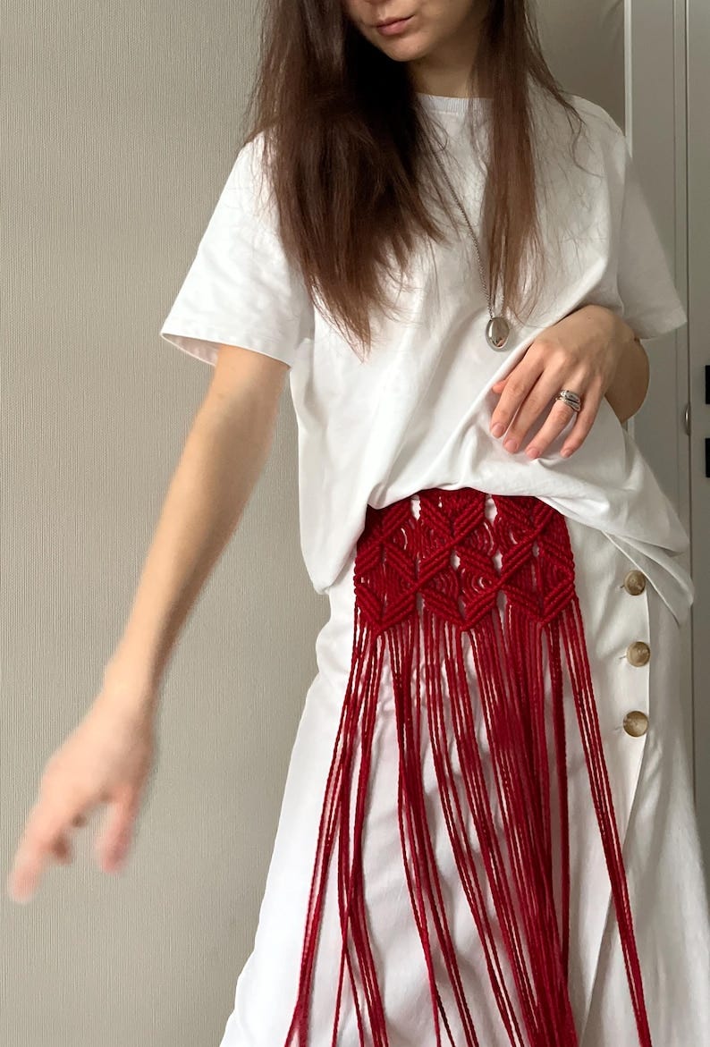 Macrame Waist Belt, Cotton Fringe Wrap Belt, Minimal Boho Outfit Accessory, Linen Dress Waist Accent image 2