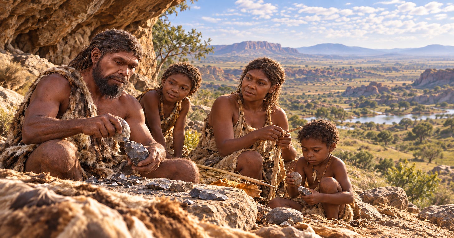 Artist’s reconstruction of an early Homo sapiens family group approximately 300,000 years ago. Generated with ChatGPT (OpenAI), using the Jebel Irhoud facial approximation by Moraes et al. (2026) as an anatomical reference. Details of clothing, hair, setting and daily activity are necessarily interpretive.