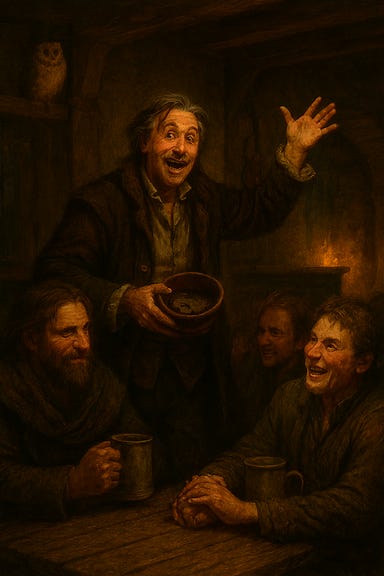 Rictavio telling stories in the Blue Water Inn taproom. He wears a velvet coat and gleaming monocle, gesturing dramatically with a wooden spoon as he spins a tale. His tricorn hat sits at his feet, collecting coins. The room is firelit and crowded, with Karl and Nikolai Wachter laughing nearby. The mood is theatrical, warm, and slightly eerie. Rictavio telling stories in the Blue Water Inn taproom. He wears a velvet coat and gleaming monocle, gesturing dramatically with a wooden spoon as he spins a tale. His tricorn hat sits at his feet, collecting coins. The room is firelit and crowded, with Karl and Nikolai Wachter laughing nearby. The mood is theatrical, warm, and slightly eerie.