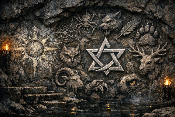 Carvings in wall of cliffside shrine