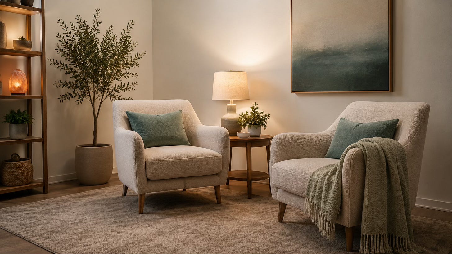 Two comfortable chairs in a calm therapeutic room, suggesting a safe and supportive space for conversation.