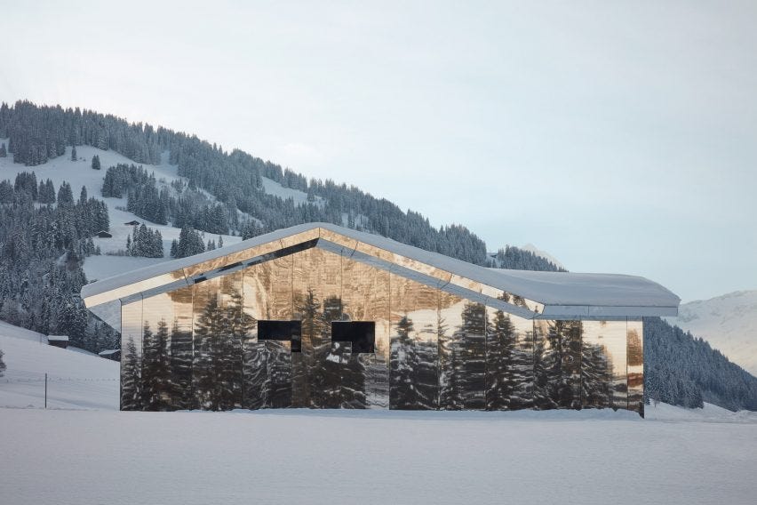 Mirage Gstaad mirrored building art installation by Doug Aitken in Switzerland in winter Mirage Gstaad mirrored building art installation by Doug Aitken in Switzerland in winter