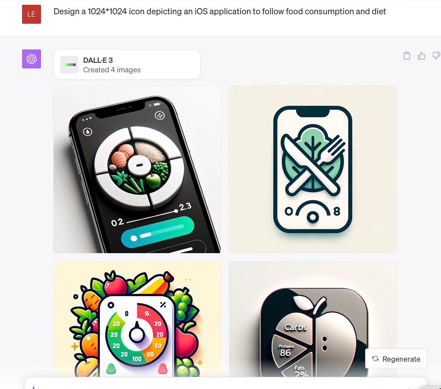 Image depicting a chat with ChatGPT 4 in DALL-E 3 mode to generate icons for iOS applications