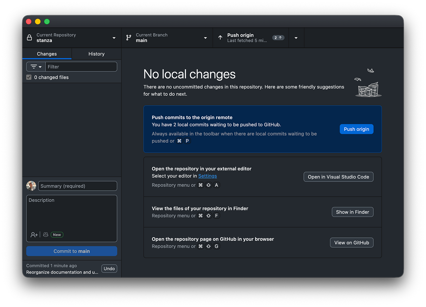 The GitHub Desktop interface displays a blue Push origin button for two waiting local commits. The GitHub Desktop interface displays a blue Push origin button for two waiting local commits.