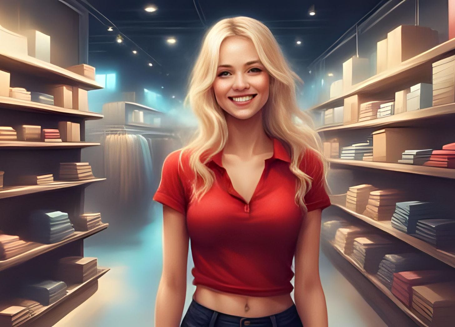 A happy, attractive woman with long blonde hair and brown eyes works in retail at a store. She wears black slacks and a red V-neck polo shirt. A happy, attractive woman with long blonde hair and brown eyes works in retail at a store. She wears black slacks and a red V-neck polo shirt.