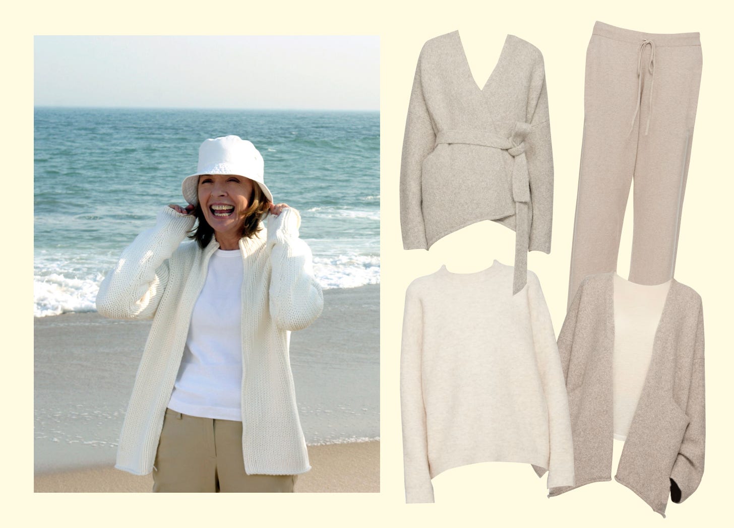 A still of Diane Keaton in Something's Gotta Give, next to a dress code mood board showing neutral, Nancy Meyers inspired clothing A still of Diane Keaton in Something's Gotta Give, next to a dress code mood board showing neutral, Nancy Meyers inspired clothing