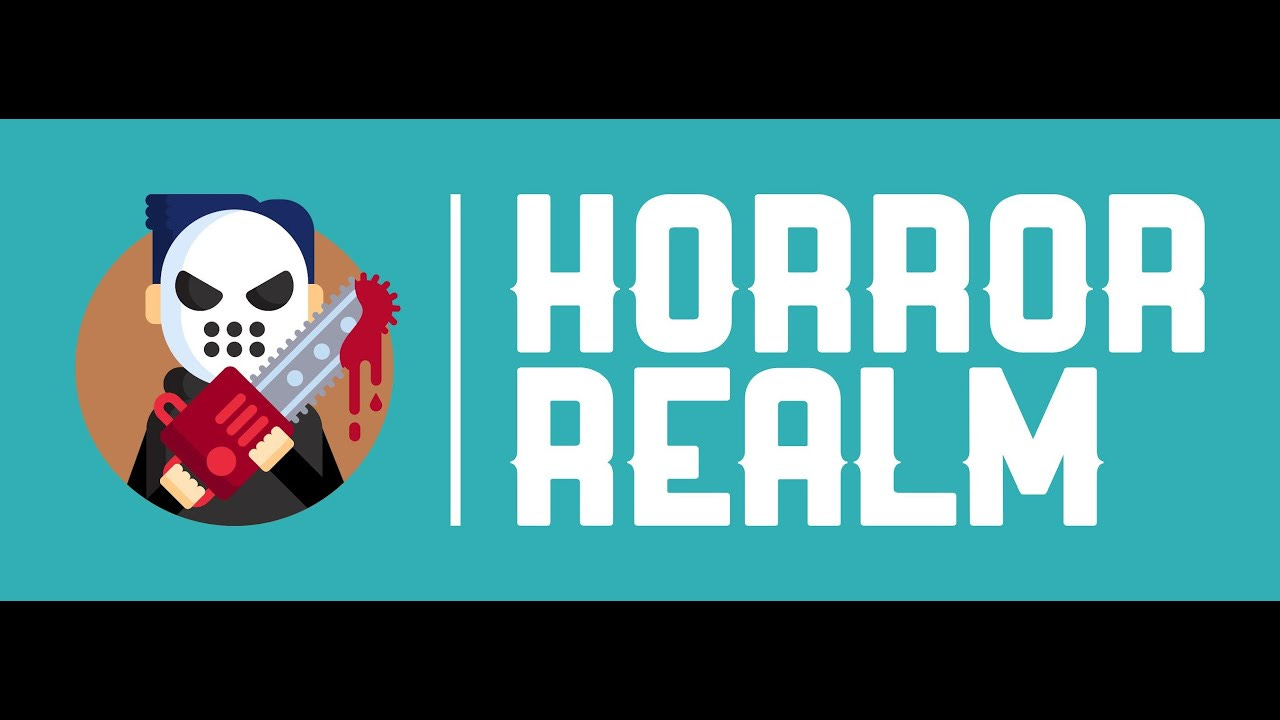 Green Bar with a cartoon of a masked figure with a bloody chainsaw and the words horror realm