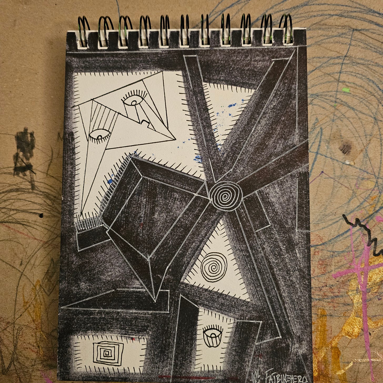 Alt Text: An abstract black and white ink drawing by FatbikeHero titled "Drummer First Phil Collins." The image features sharp geometric shapes, a stylized angular profile face on the left, and spiral circular patterns amidst heavy black shading and hatched lines, representing the rhythm of drumming.