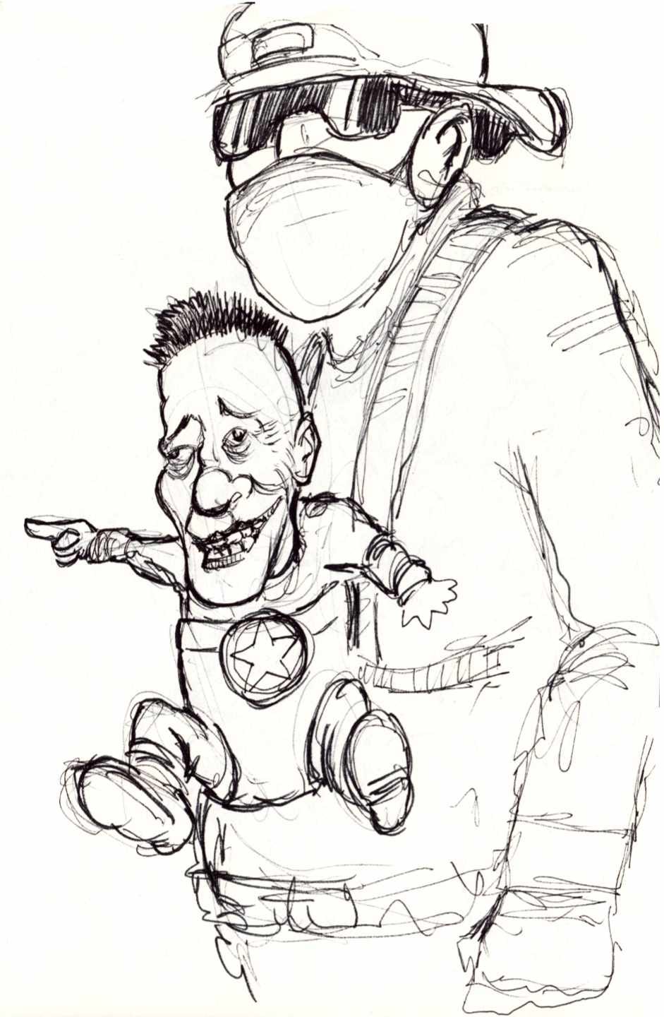 Ink sketch of DHD douche Bovino in a baby bjorn on a larger agent.