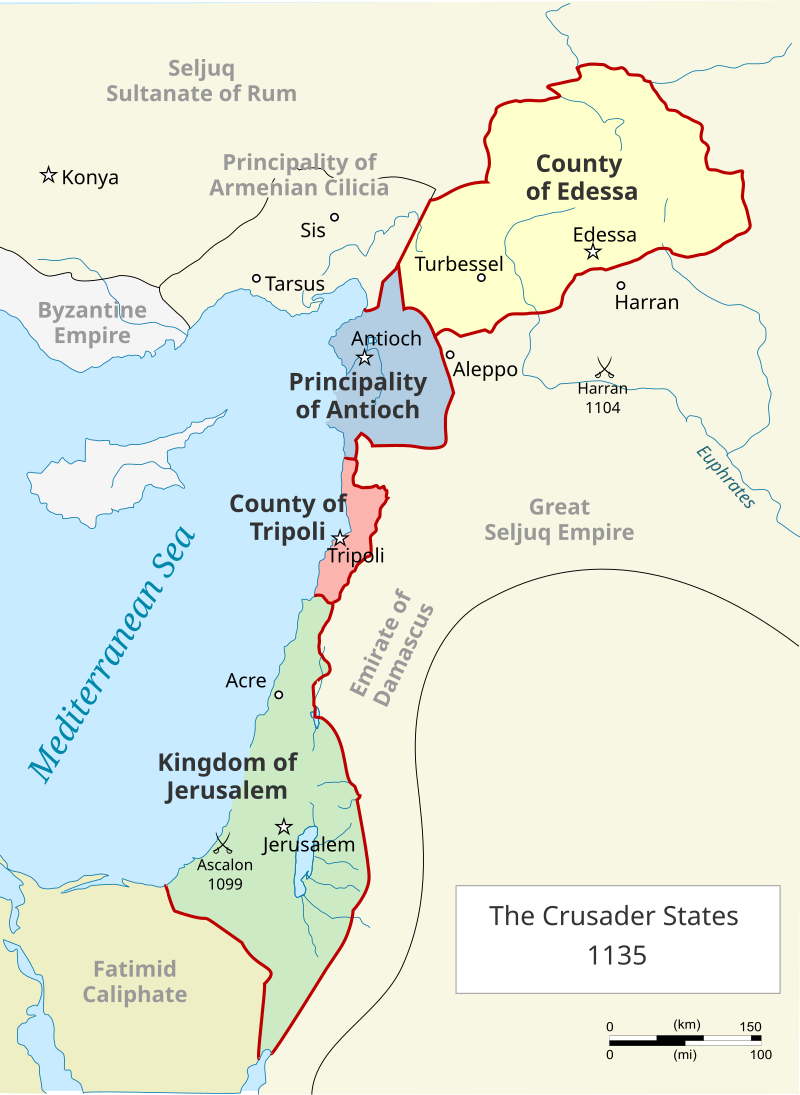 Map of the territorial extent of the Crusader states (Edessa, Antioch, Tripoli, and Jerusalem) in the Holy Land in 1135, shortly before the Second Crusade. Map of the territorial extent of the Crusader states (Edessa, Antioch, Tripoli, and Jerusalem) in the Holy Land in 1135, shortly before the Second Crusade.