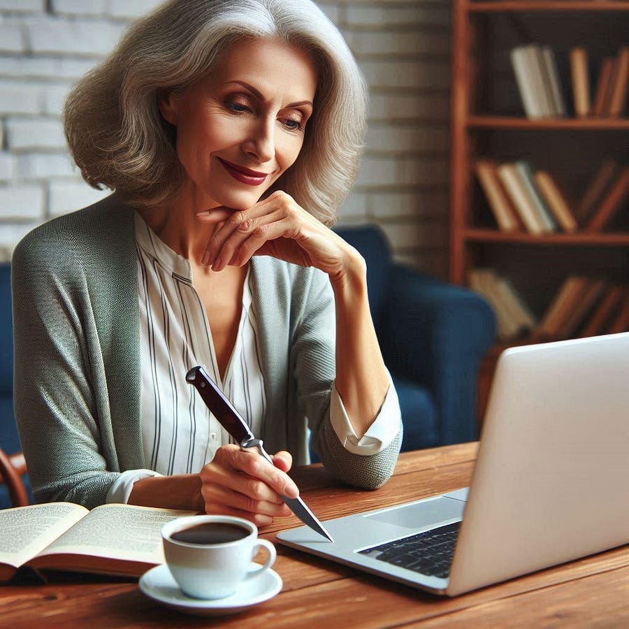 A smiling middle-aged woman sitting at a computer holding a knife with the tip pointing at the keys.