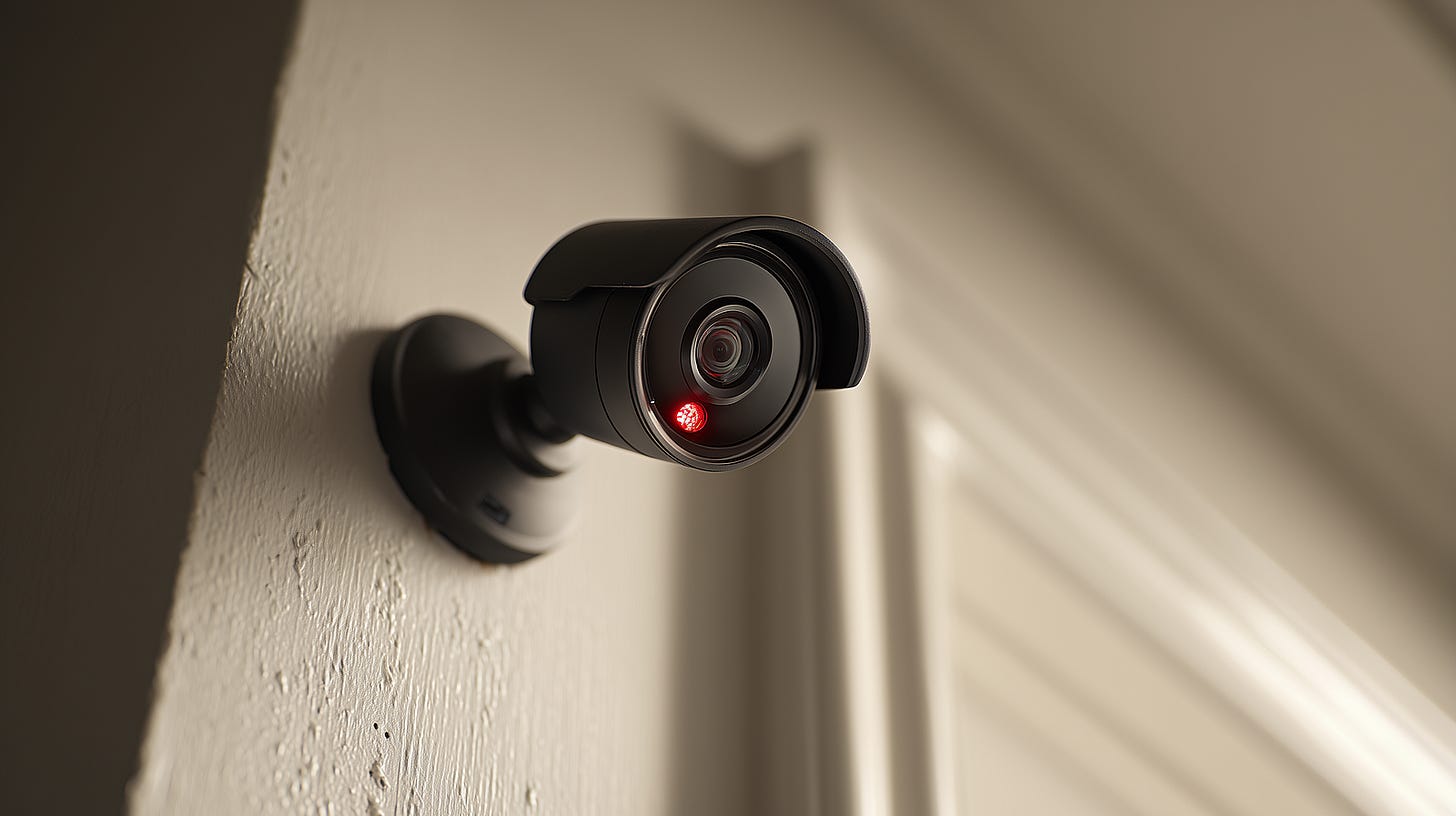 “Close-up of a black indoor security camera mounted on a textured off-white wall near a cream-colored door frame, with a glowing red LED indicator light and adjustable swivel base.