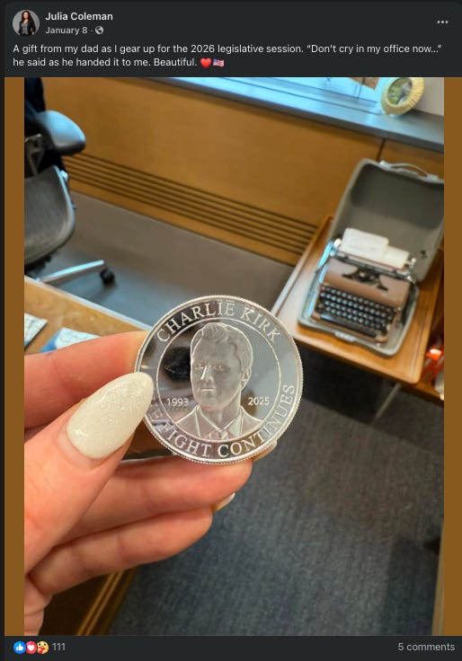 Social media post by Julia Coleman showing off her Charlie Kirk memorial coin. Social media post by Julia Coleman showing off her Charlie Kirk memorial coin.