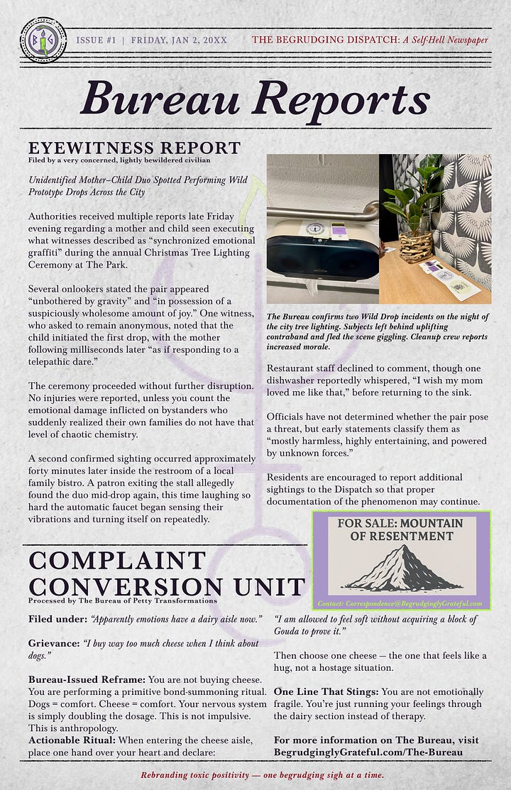 Four-page newspaper issue featuring the Benediction, Field Notes, Bureau Reports, charts on emotional futility, a Zenny Osseus profile, and ads from The Begrudgingly Grateful Empire.