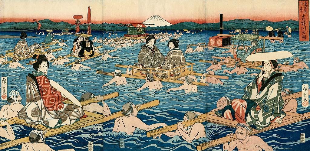 Woodblock print by Utagawa Hiroshige of crossing the Ōi river between 1849 and 1852 Woodblock print by Utagawa Hiroshige of crossing the Ōi river between 1849 and 1852