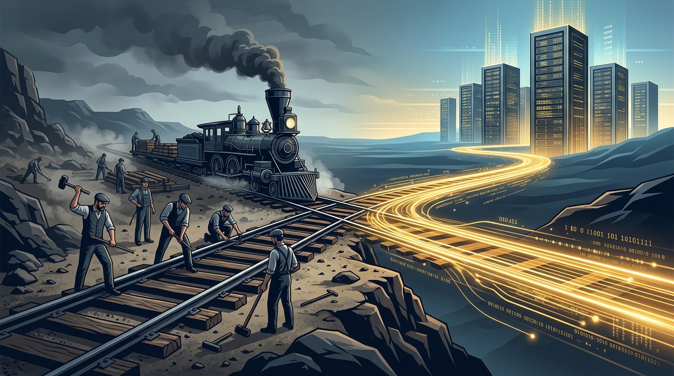 Railway workers building tracks that transform into glowing AI data infrastructure and server towers. Railway workers building tracks that transform into glowing AI data infrastructure and server towers.