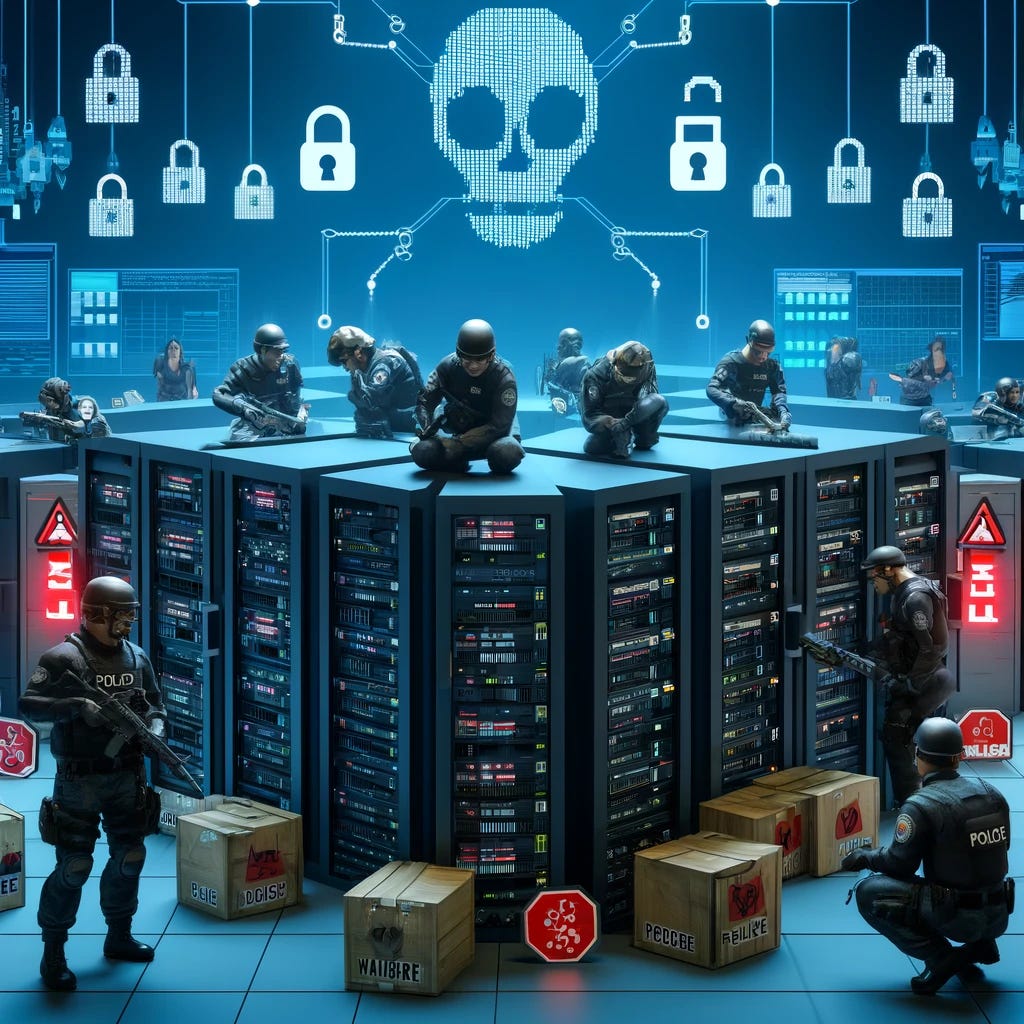 A 3D scene illustrating police seizing over 100 malware loader servers. The central focus is on a server room with rows of servers, some of which have warning symbols and digital skull icons indicating malware. Police officers in tactical gear are seen disconnecting and removing the servers. The background features elements of digital security such as locks, data streams, and cybercrime-related graphics. The overall atmosphere is tense and high-stakes, with blue and red tones highlighting the police operation.