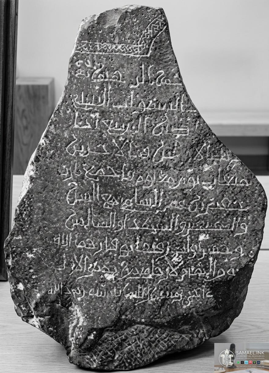 A high-definition reconstruction of a medieval Arabic epigraphic stele. The artifact is a triangular-shaped dark basalt or limestone slab featuring eleven lines of deeply incised, transitional Naskh script. The text is weathered but legible, showing characteristic ligatures of the 12th–14th century Red Sea corridor. The stone is presented in a monochromatic, museum-style setting, emphasizing the granular texture of the rock and the precision of the ancient administrative hand. A subtle watermark for www.samael.ink is integrated into the frame.