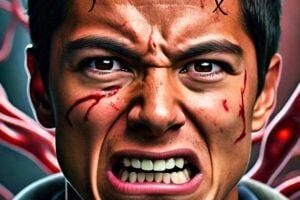 An AI-generated image showing a person with an angry expression, with a close-up of a blood vessel in the background. The blood vessel could be depicted as constricted or impaired, symbolizing the temporary negative impact of anger on vascular function