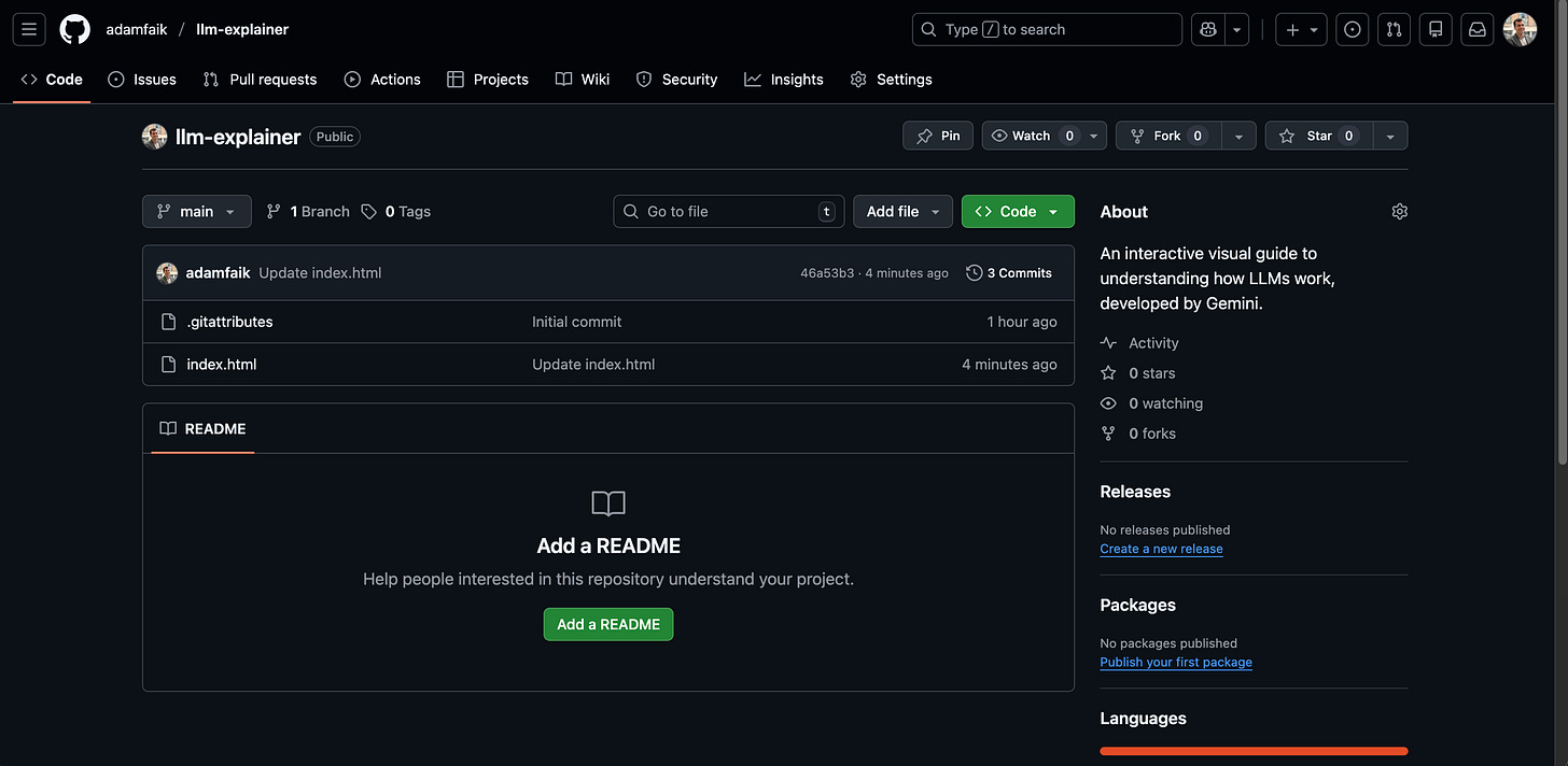 Screenshot of the llm-explainer repository page on GitHub.com showing the index.html file listed in the file structure.