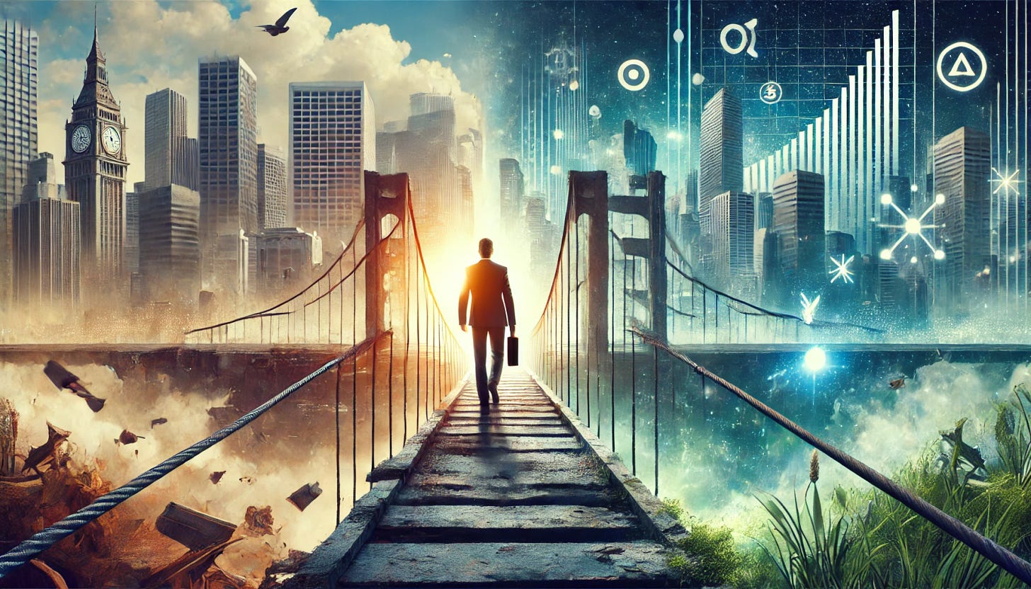 A visually striking image symbolizing transformation and growth in leadership and strategy. A professional, standing on a bridge between two worlds—one side representing outdated, rigid thinking with faded structures and traditional corporate symbols, while the other side showcases a futuristic, dynamic landscape symbolizing innovation, adaptability, and forward-thinking leadership. The professional appears to be in motion, stepping confidently toward the modern world, representing the process of unlearning, relearning, and reshaping how one thinks, leads, and competes. The atmosphere is vibrant, with a subtle play of light signifying enlightenment and progress. A visually striking image symbolizing transformation and growth in leadership and strategy. A professional, standing on a bridge between two worlds—one side representing outdated, rigid thinking with faded structures and traditional corporate symbols, while the other side showcases a futuristic, dynamic landscape symbolizing innovation, adaptability, and forward-thinking leadership. The professional appears to be in motion, stepping confidently toward the modern world, representing the process of unlearning, relearning, and reshaping how one thinks, leads, and competes. The atmosphere is vibrant, with a subtle play of light signifying enlightenment and progress.