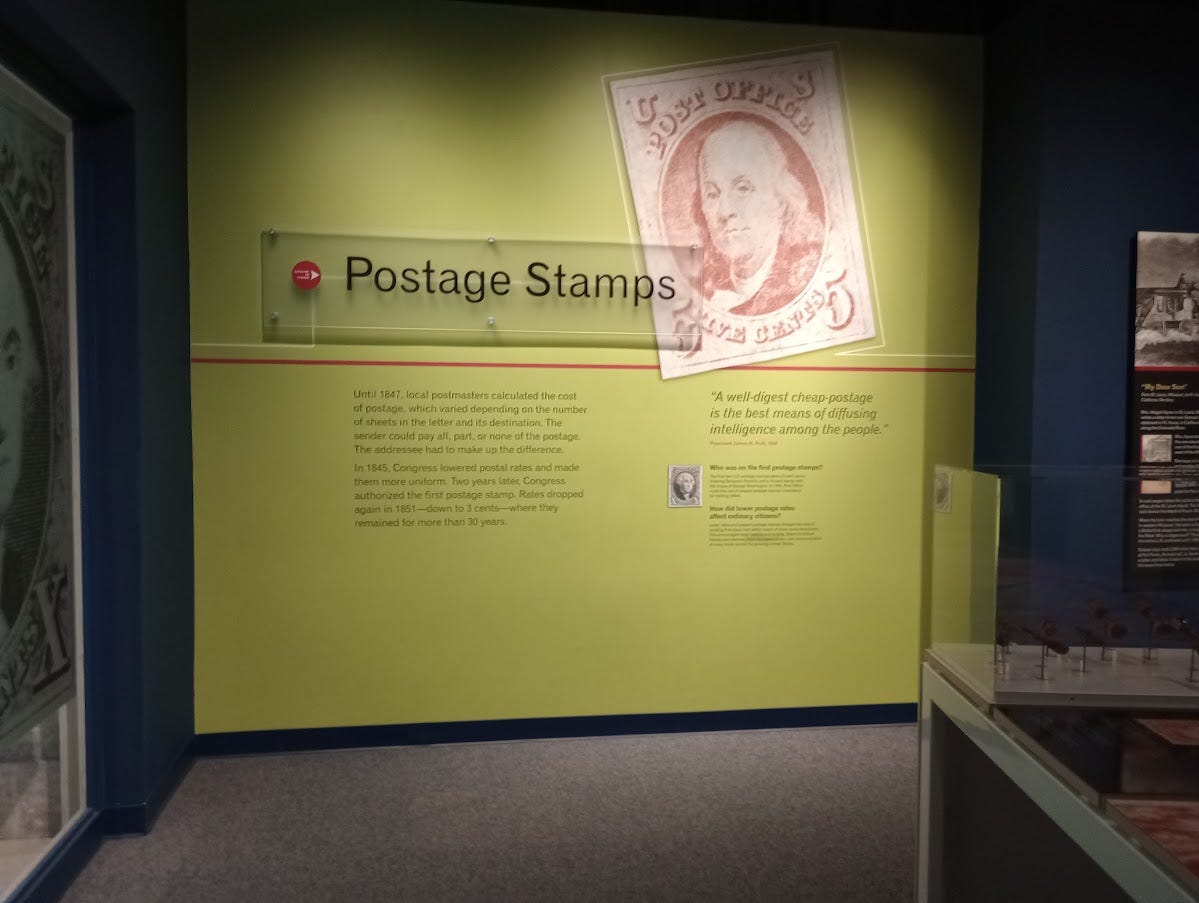 Display on Postage Stamps, including large image of Benjamin Franklin stamp Display on Postage Stamps, including large image of Benjamin Franklin stamp