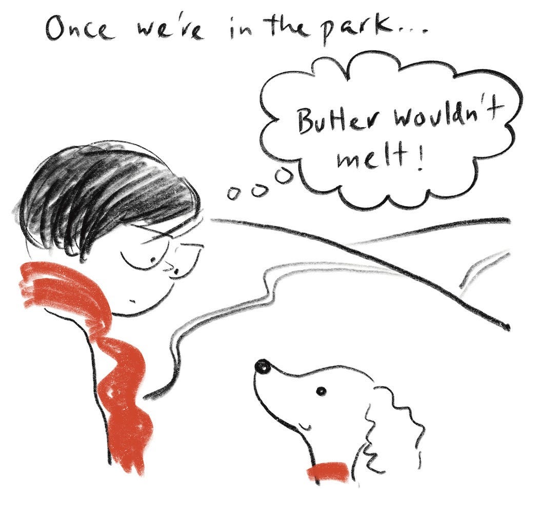 "Once we're in the park..." Candy thought bubble: "Butter wouldn't melt" as she looks at Fish, suddenly well behaved