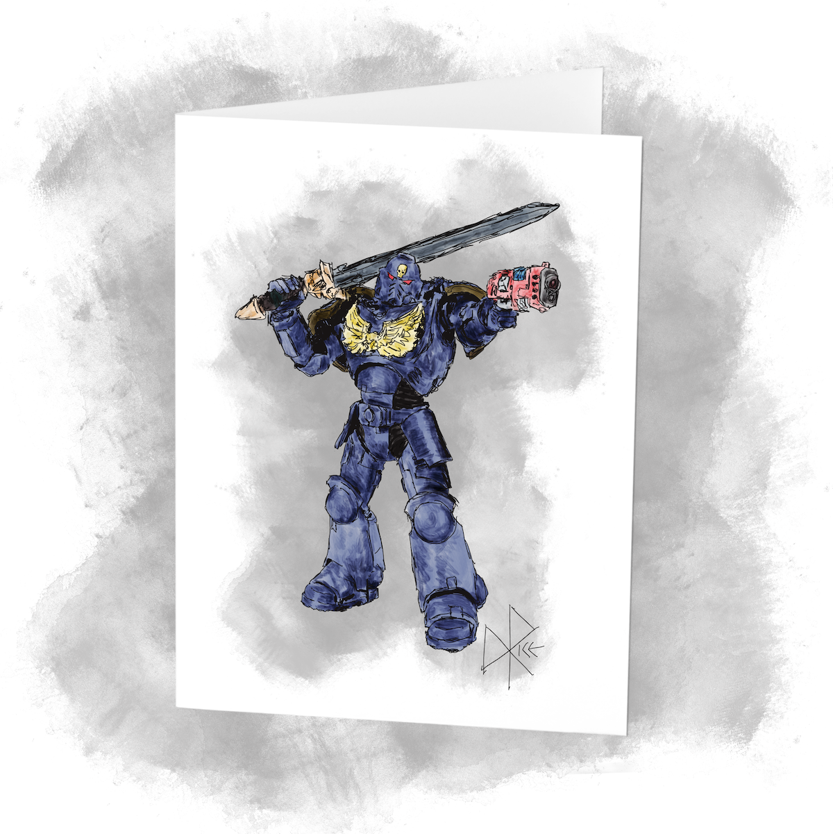 A Space Marine with a sword in one hand and pistol in the other. Sketch art by Don Rice. A Space Marine with a sword in one hand and pistol in the other. Sketch art by Don Rice.