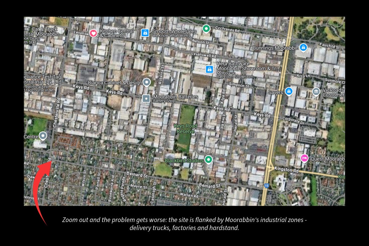 Aerial and street views of 1A Bernard Street, Cheltenham — a childcare centre surrounded by high-traffic intersections and heavy vehicle routes.
