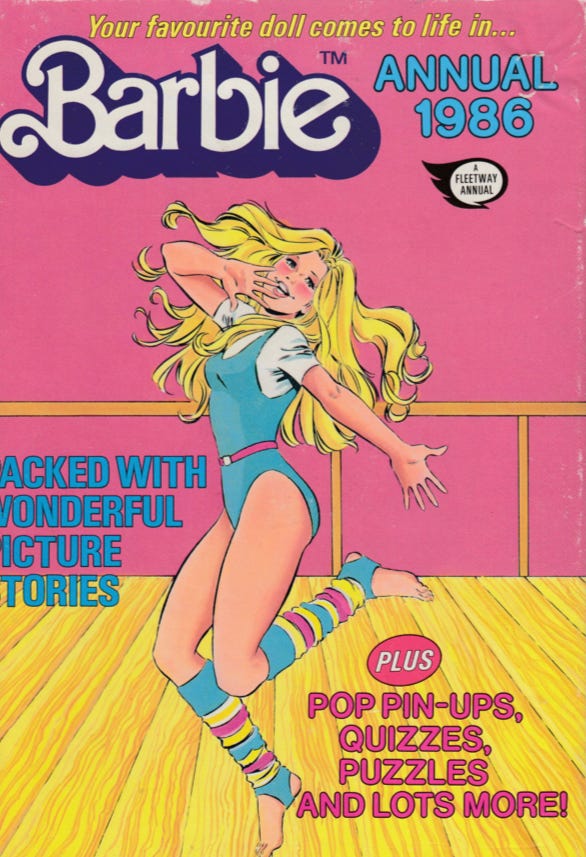 Cover of Barbie annual 1986. Barbie jumps up in a leotard and legwarmers.