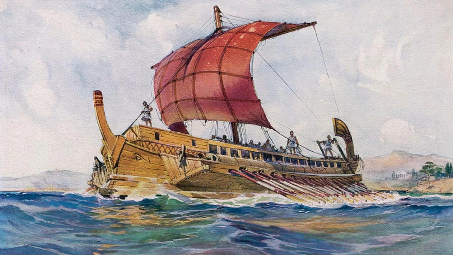A 1920s illustration of an ancient Greek Bireme that has two decks of oars. A 1920s illustration of an ancient Greek Bireme that has two decks of oars.