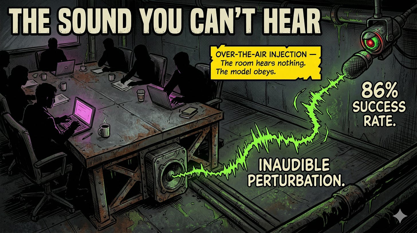 adversarial audio prompt injection attack showing inaudible perturbation overlaid on speech waveform manipulating audio language model adversarial audio prompt injection attack showing inaudible perturbation overlaid on speech waveform manipulating audio language model