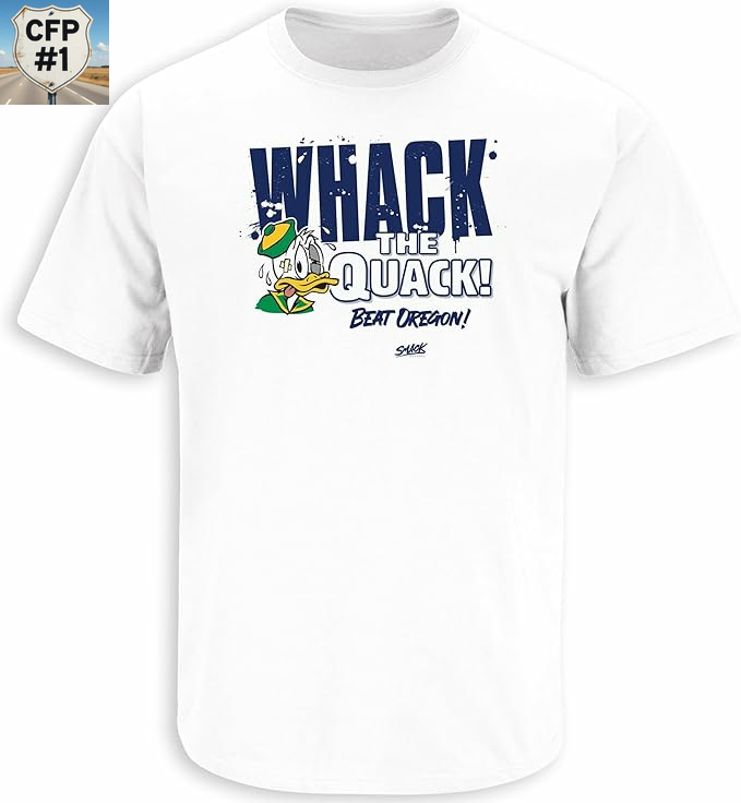 White Penn State Nittany Lions fan t-shirt featuring the blue graphic text WHACK THE QUACK! BEAT OREGON! and a distressed cartoon duck. Deals on gameday apparel, fan gear, seats, and premium content at www.NattyRoad.com