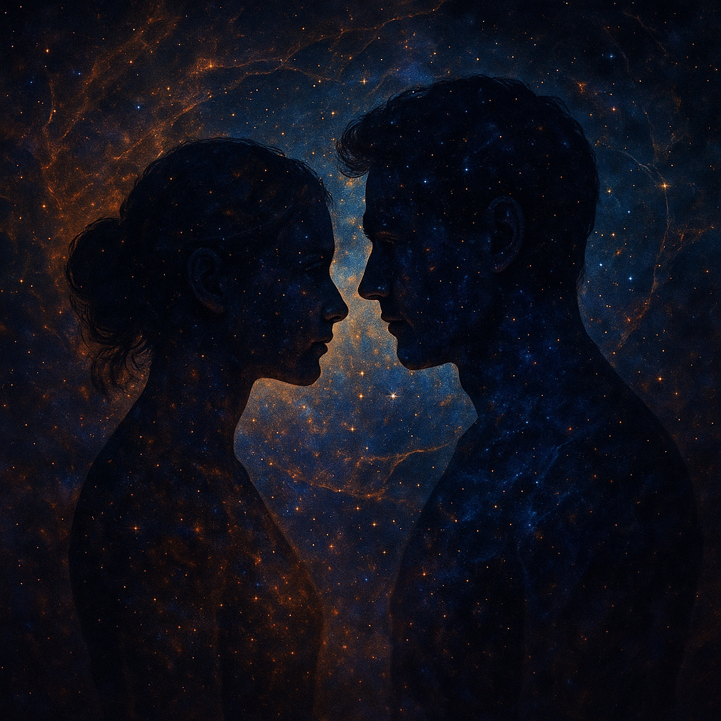 A digital painting of a man and a woman shown in profile, facing each other closely against a cosmic backdrop. Their silhouettes are filled with swirling galaxies, stars, and nebula-like colours in deep blues, purples, and warm orange tones. The overall atmosphere is ethereal and intimate, as though their forms are woven from starlight and cosmic dust.