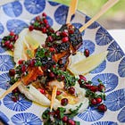 Pan-Seared Octopus Skewers with Whipped Feta + Pomegranate Herb Relish