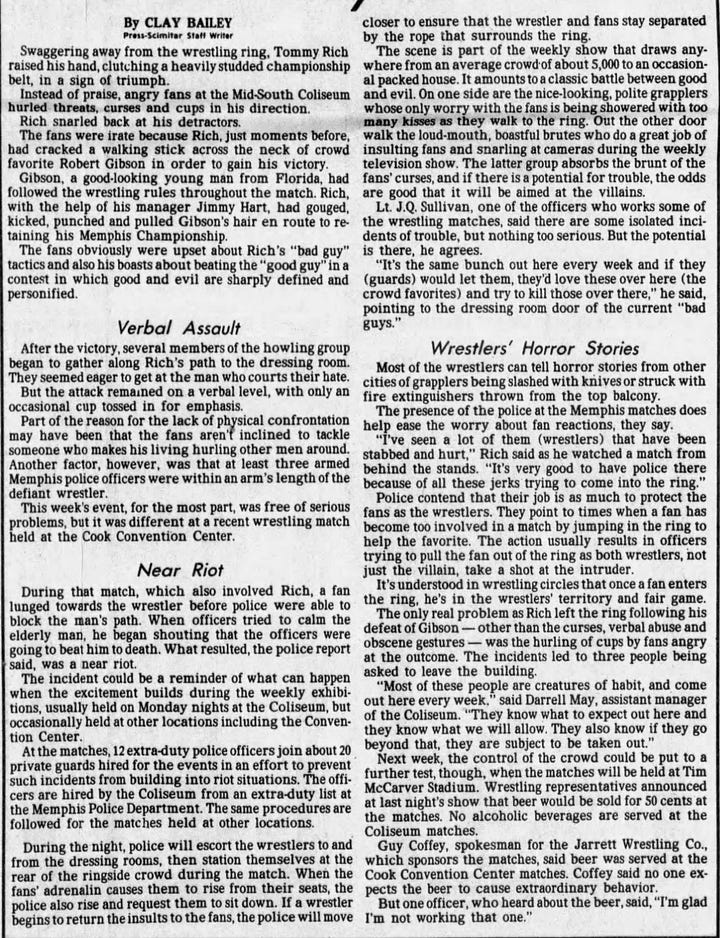Tommy Rich incites a near riot in a match against Robert Gibson (The Memphis Press-Scimitar Wed, Oct 01, 1980)