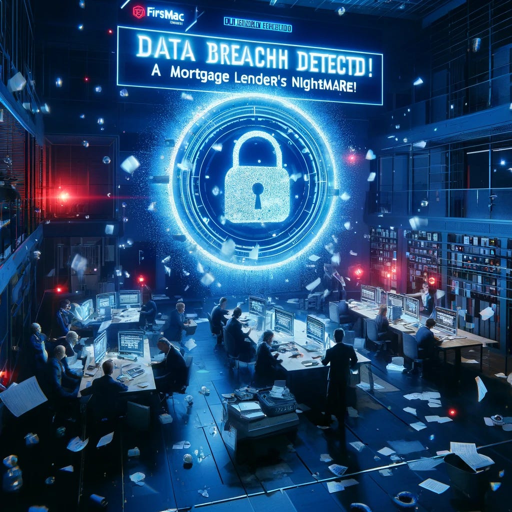 A dramatic 3D digital artwork titled 'Firstmac's Data Breach: A Mortgage Lender's Nightmare'. The scene visualizes a high-tech office environment in chaos. In the center, a large, glowing holographic screen displays the alert 'Data Breach Detected!'. Papers are flying, employees look shocked and are frantically typing at their computers trying to contain the situation. The setting is dark with blue and red emergency lights casting eerie shadows. The atmosphere is tense and filled with urgency, emphasizing the severity of a data breach in a corporate setting.