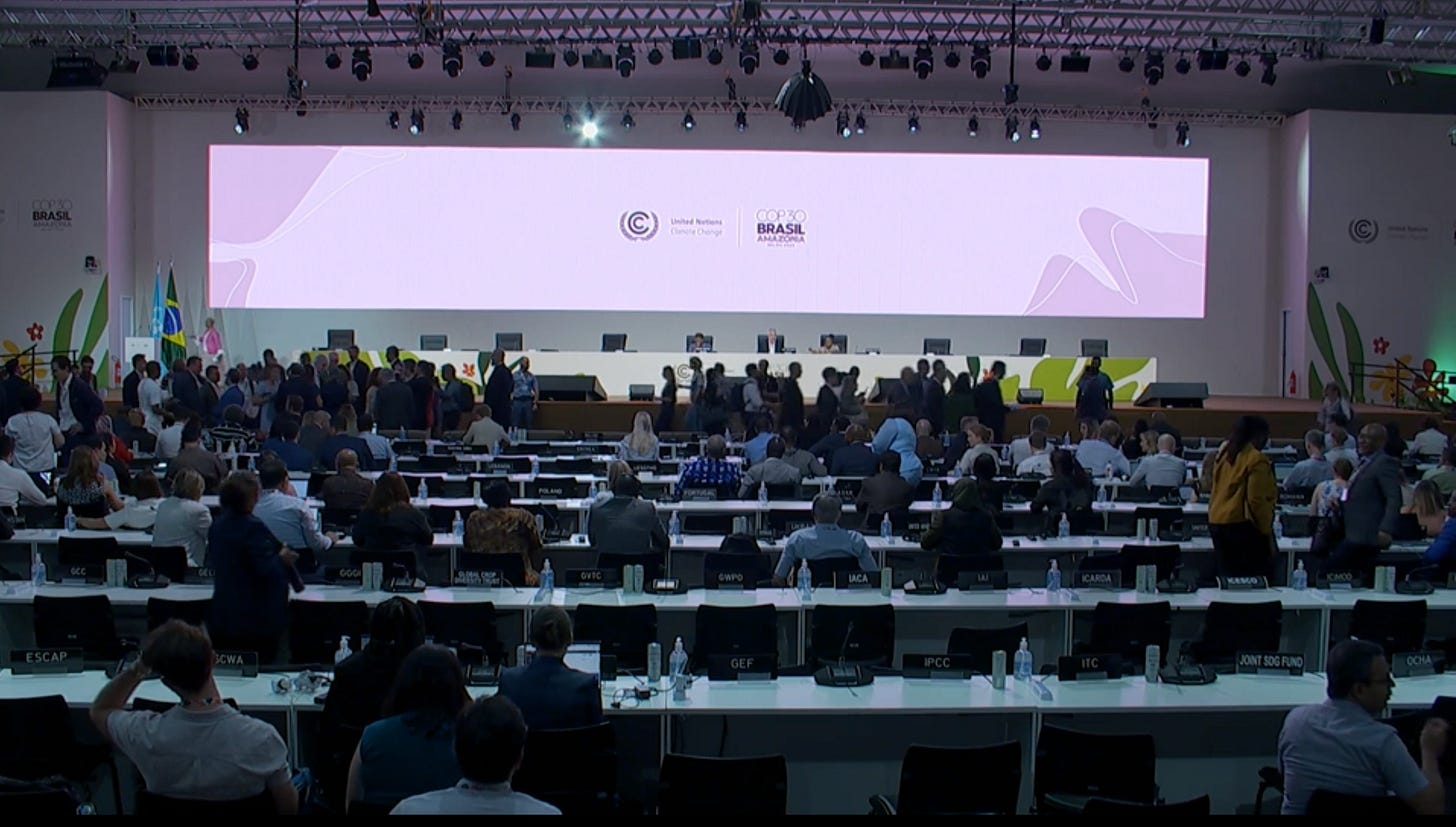A large amount of people and rows of seats facing a projector for at the High Level Opening Plenary of COP30 in Belém, Brasil on November 17, 2025.